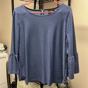 Blue Women’s Work Blouse with Bell Sleeves and Back zipper detail Large